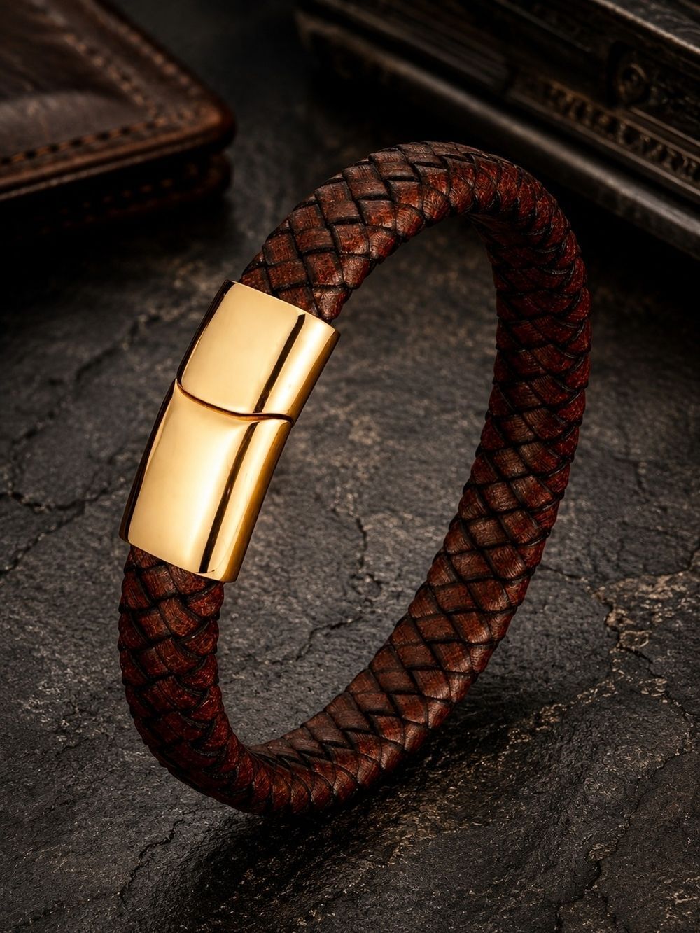 Gold Clasp Brown Braided Leather Bracelet